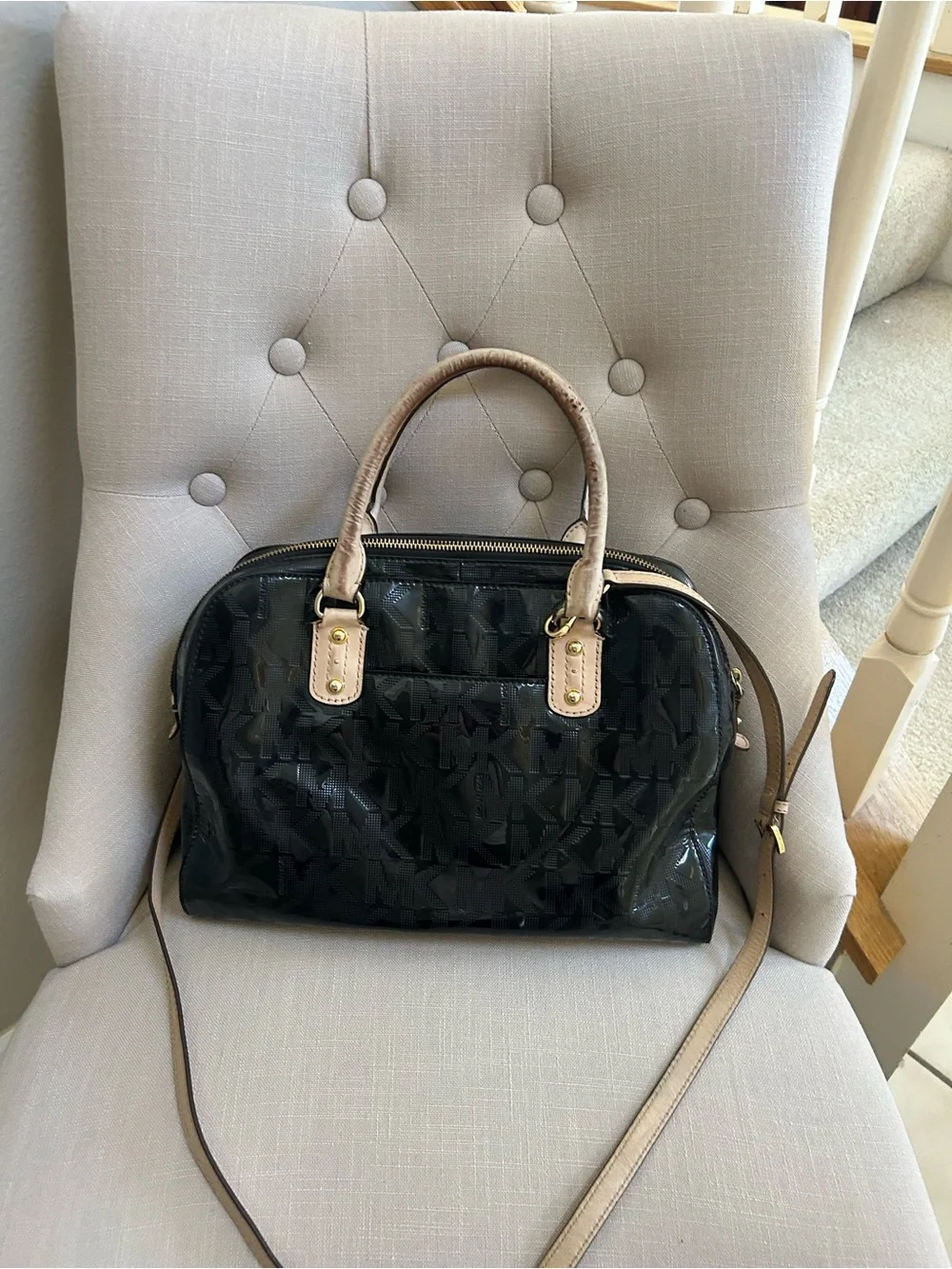 Michael Kors Black Patent Satchel with Beige Trim and MK Charm